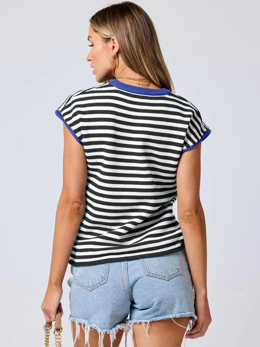 Round neck knitted top casual striped contrasting sweater