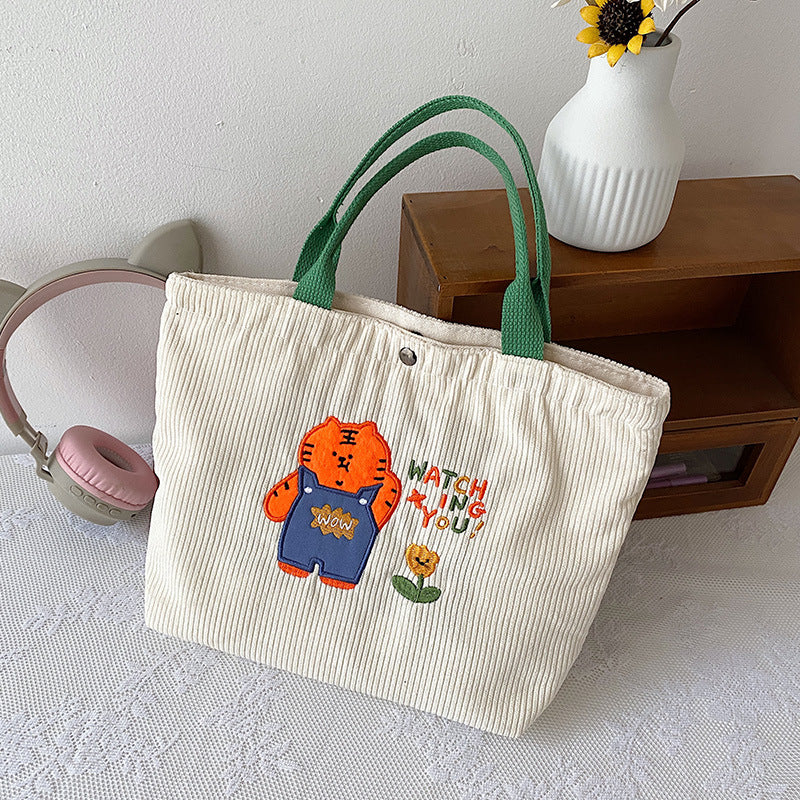 New Cute Tiger Year Embroidery Striped Velvet Handbag Casual All-Match Large Capacity Lunch Bag Fashion Walking Bend Mommy Bag