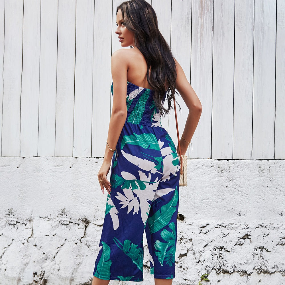 Sexy Chest Wrapped Digital Printed Jumpsuit Wide Leg Pants For Women