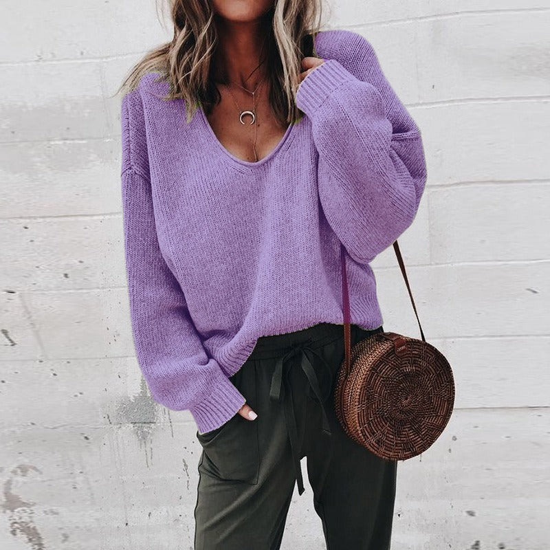 Winter New Foreign Trade European and American Women's Sweater V-neck Long sleeved Loose Pullover Knitted Bottom