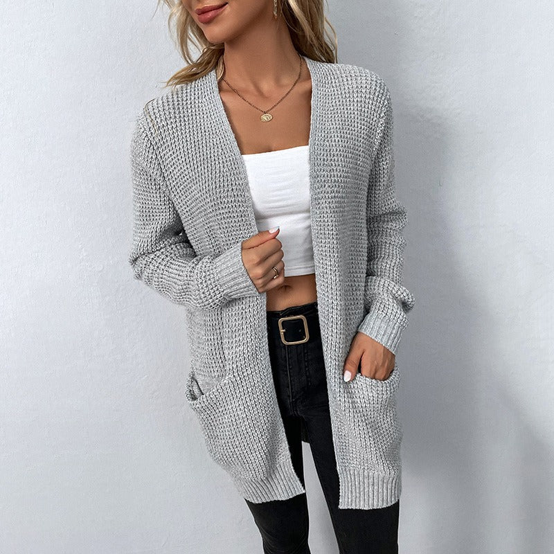 Women's knitted sweater, solid color pocket sweater, women's cardigan jacket