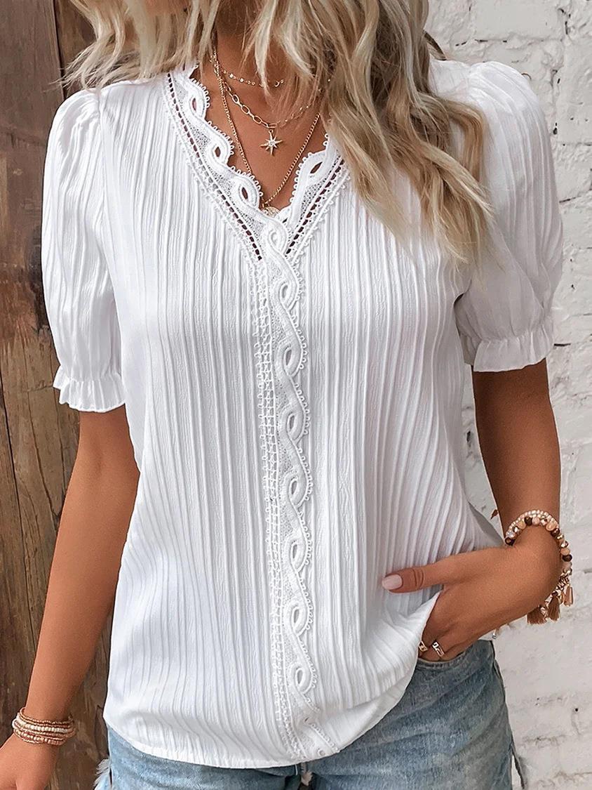Fashion Hollow-Out Short Sleeve Shirt for Women, Summer Casual Vacation Style