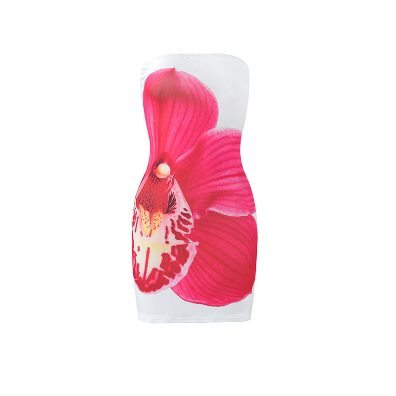 Summer sexy women's strapless flower print slim fit hip hugging short dress