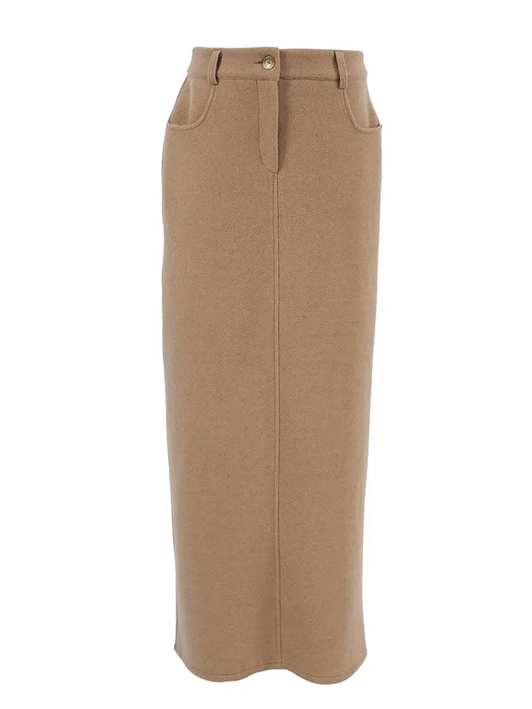 Brown Woolen Half Length Skirt For Women's Bottom Clothes High Waist Straight Tube Suit Skirts