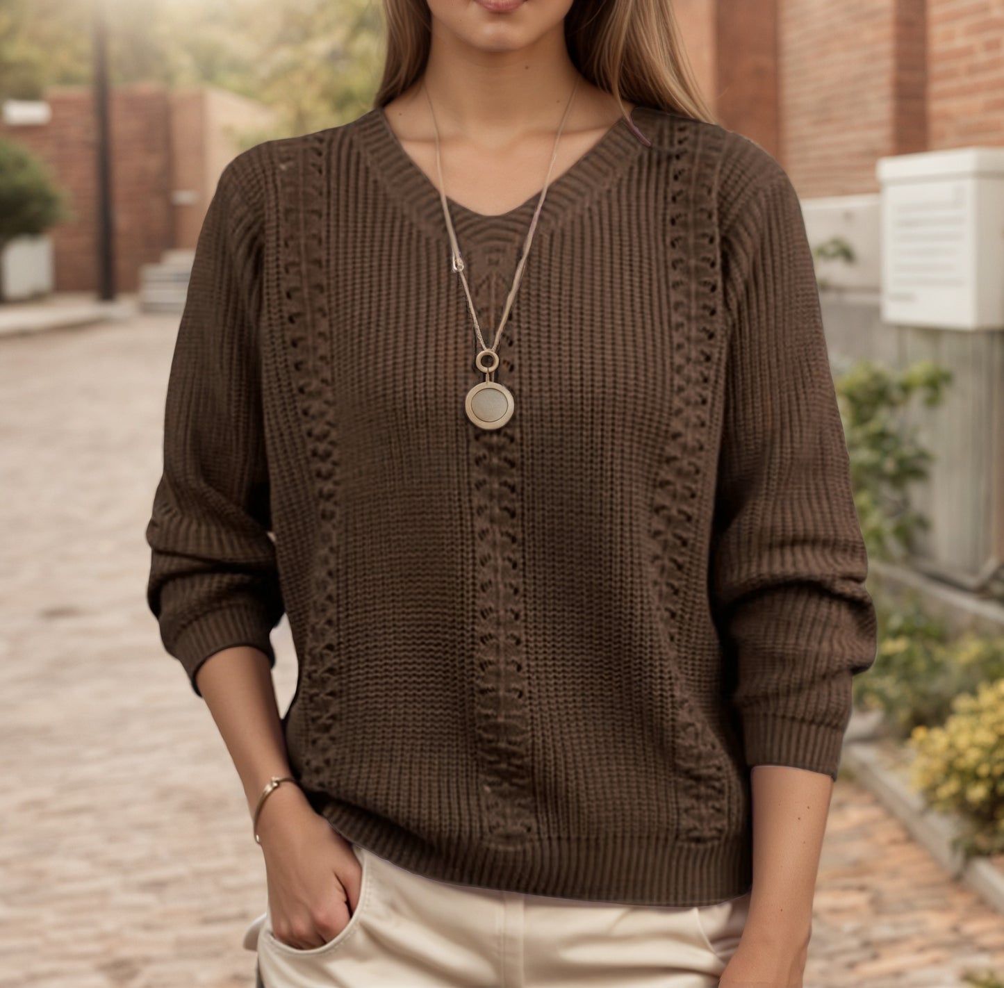 V-neck solid color long sleeved pullover sweater for women