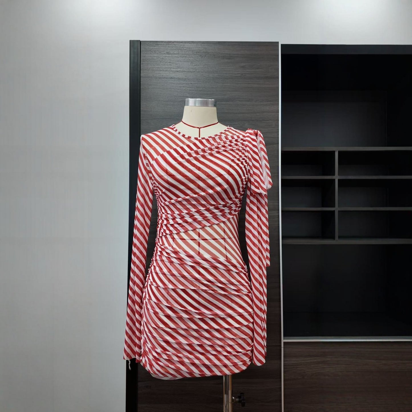 Fashion Stripe Pleated Beach Dress, Slim Fit Long Sleeve Mesh Dress