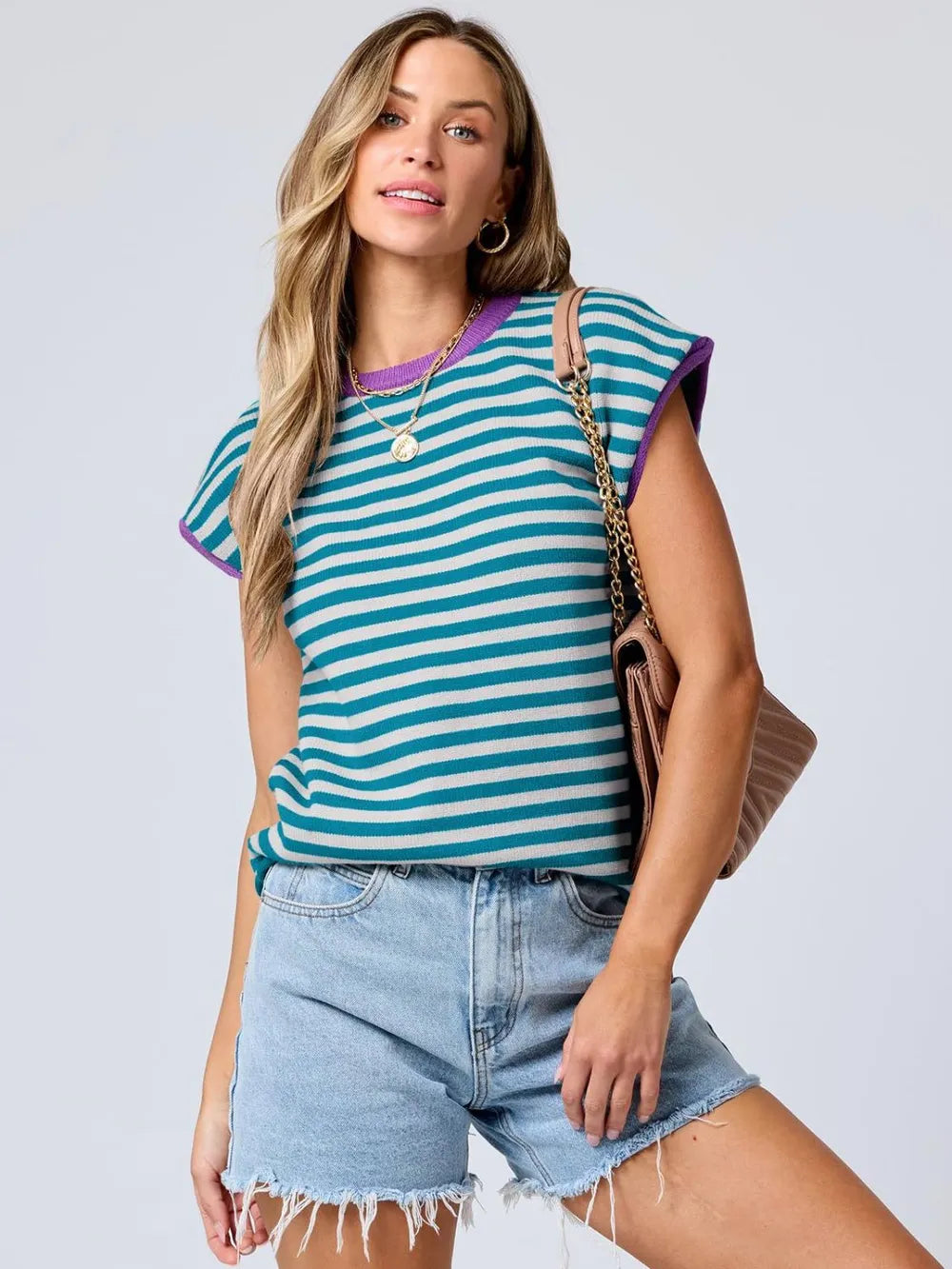 Round neck knitted top casual striped contrasting sweater