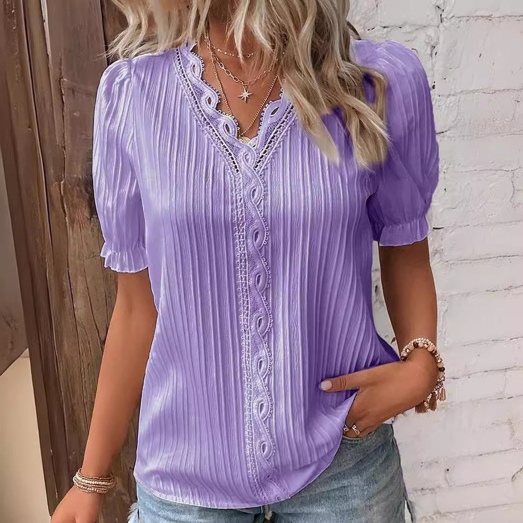 Fashion Hollow-Out Short Sleeve Shirt for Women, Summer Casual Vacation Style