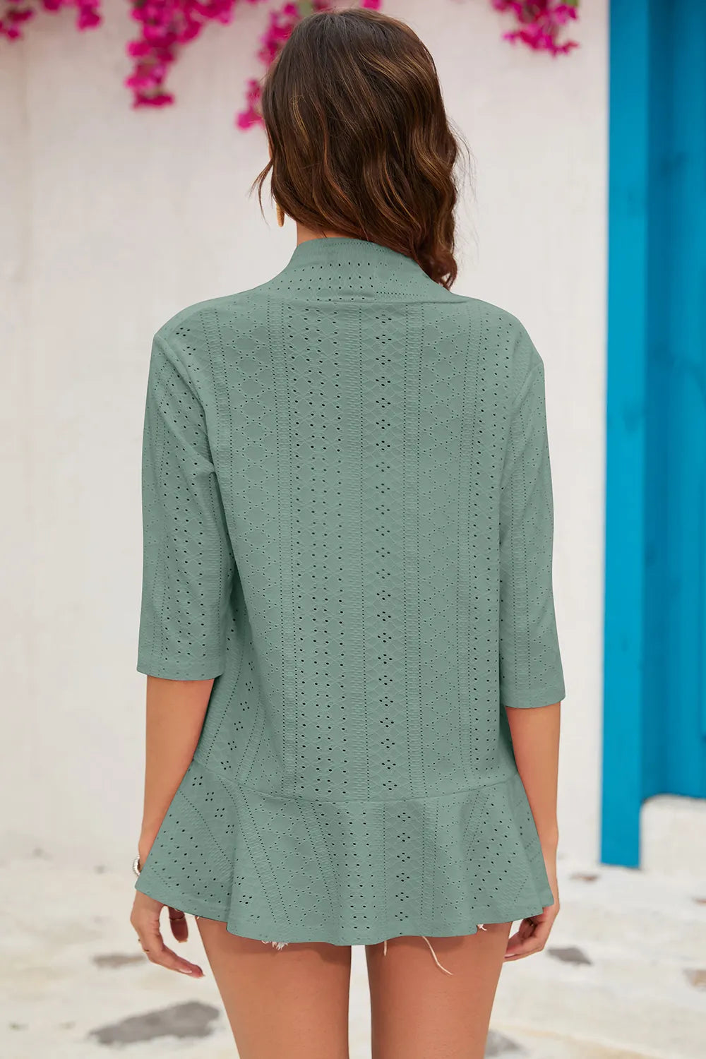 Solid color cardigan jacket with three quarter sleeves and ruffle edge top for women