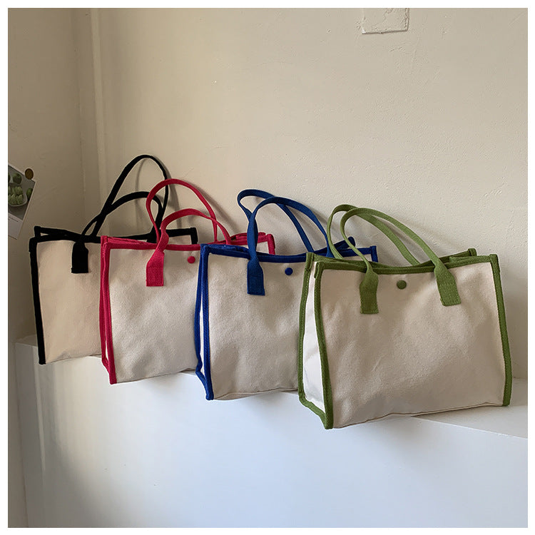 Large Capacity Contrast Color Canvas Bag Student Shoulder Bag Summer New Niche Design Simple Literary Tote Bag