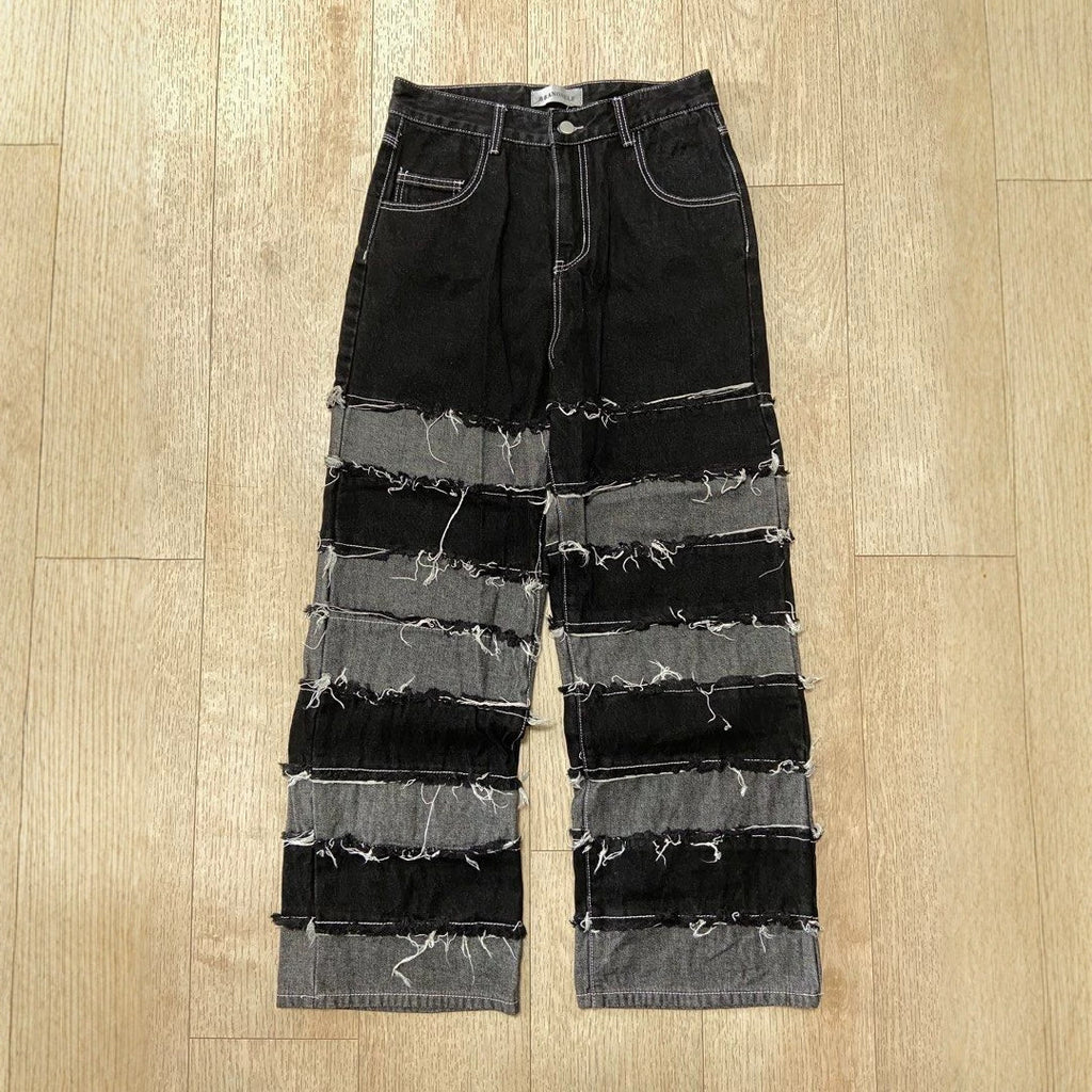 Vaquero patchwork bajo deshilachado