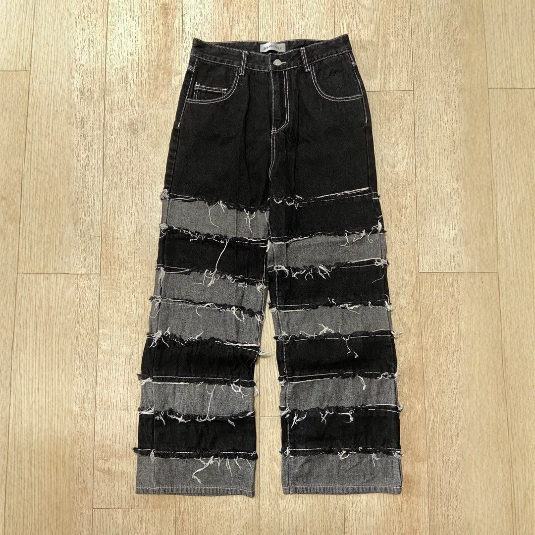 Vaquero patchwork bajo deshilachado