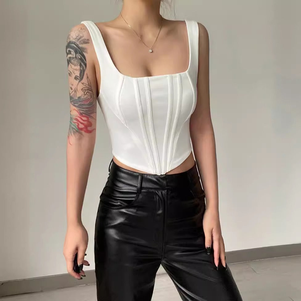 Sexy European and American large square collar low-cut tight bottoming vest women's short belly-exposing top