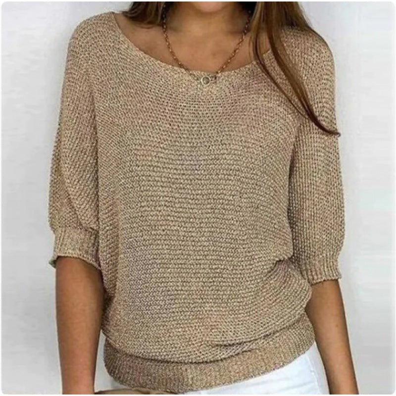 Round neck knitted sweater with elegant three quarter sleeve top for women