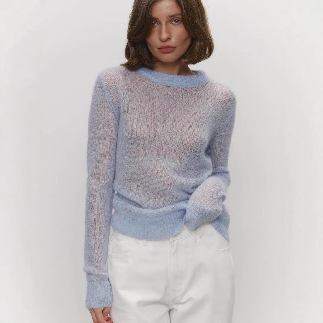 Thin Sweater Poncho Women Round Neck Transparent Basic Knitwear Candy Color