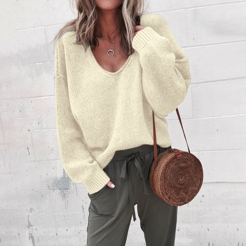 Winter New Foreign Trade European and American Women's Sweater V-neck Long sleeved Loose Pullover Knitted Bottom
