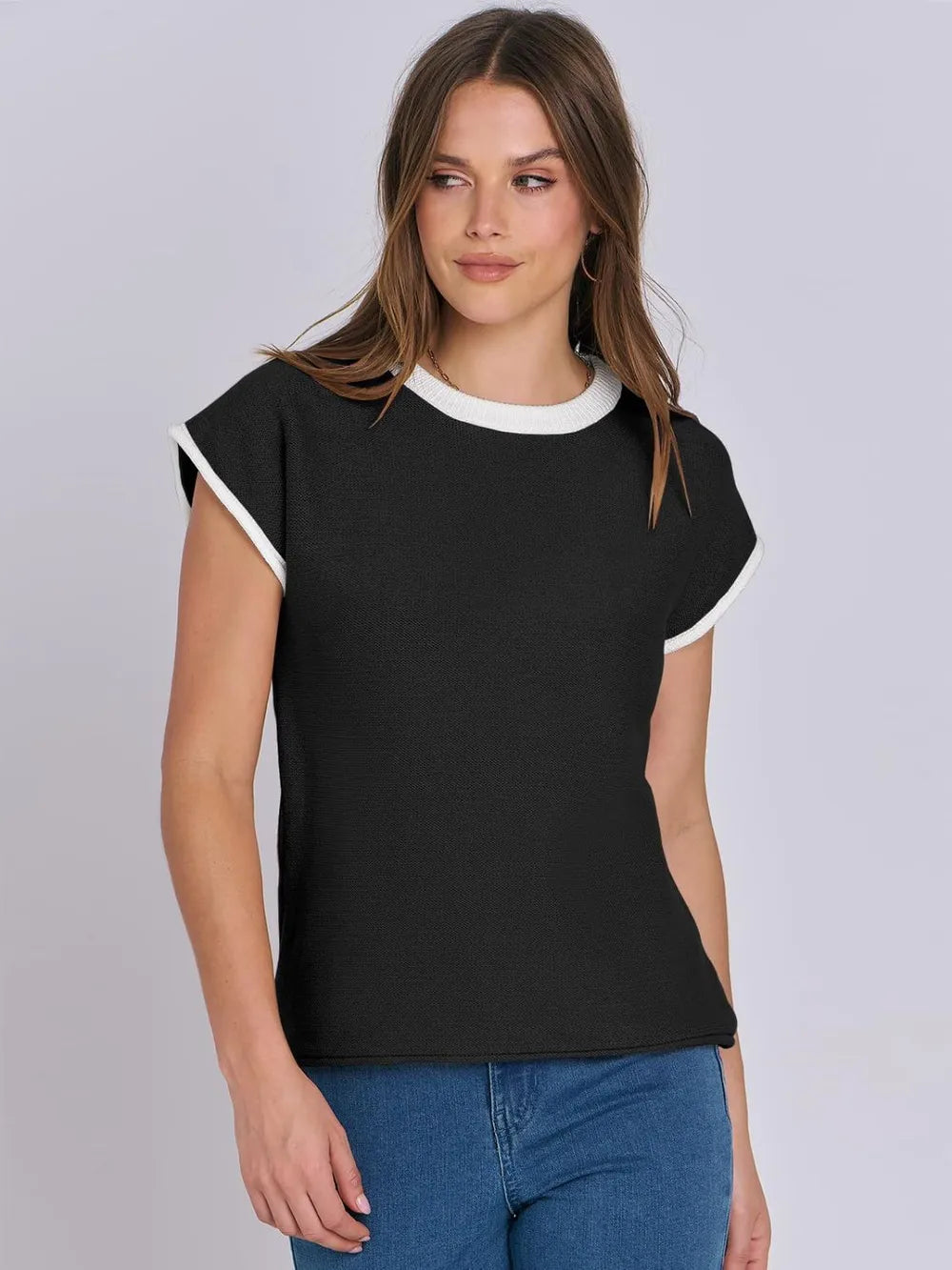 Round neck knitted top casual striped contrasting sweater