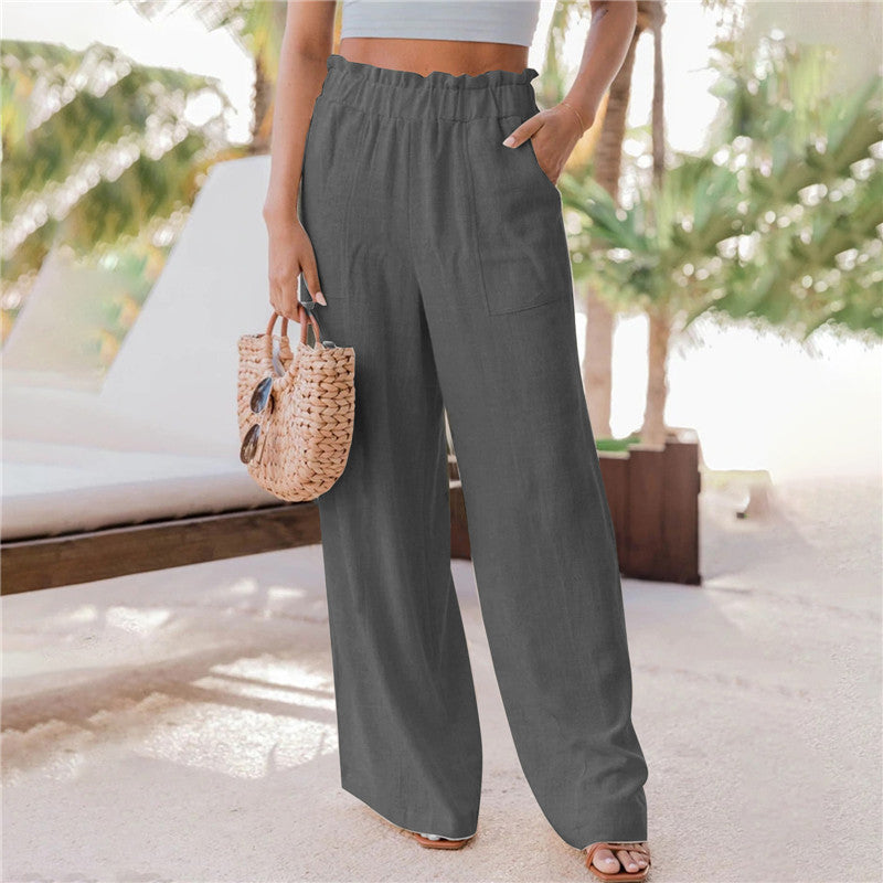 Summer New Women's Casual Pants Fashion Ruffled Patch Pocket Wide Leg Pants