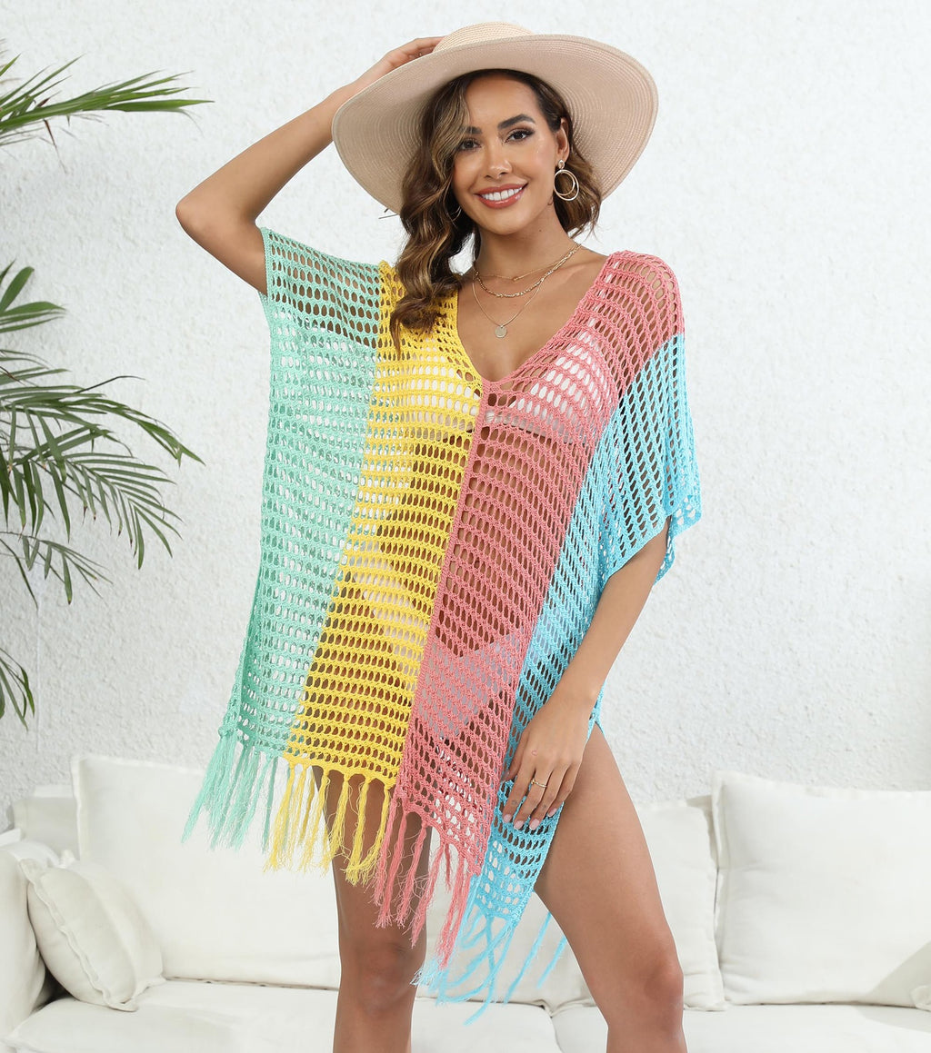 Beach Vacation Bikini Color-Blocked Fringe Cover-Up