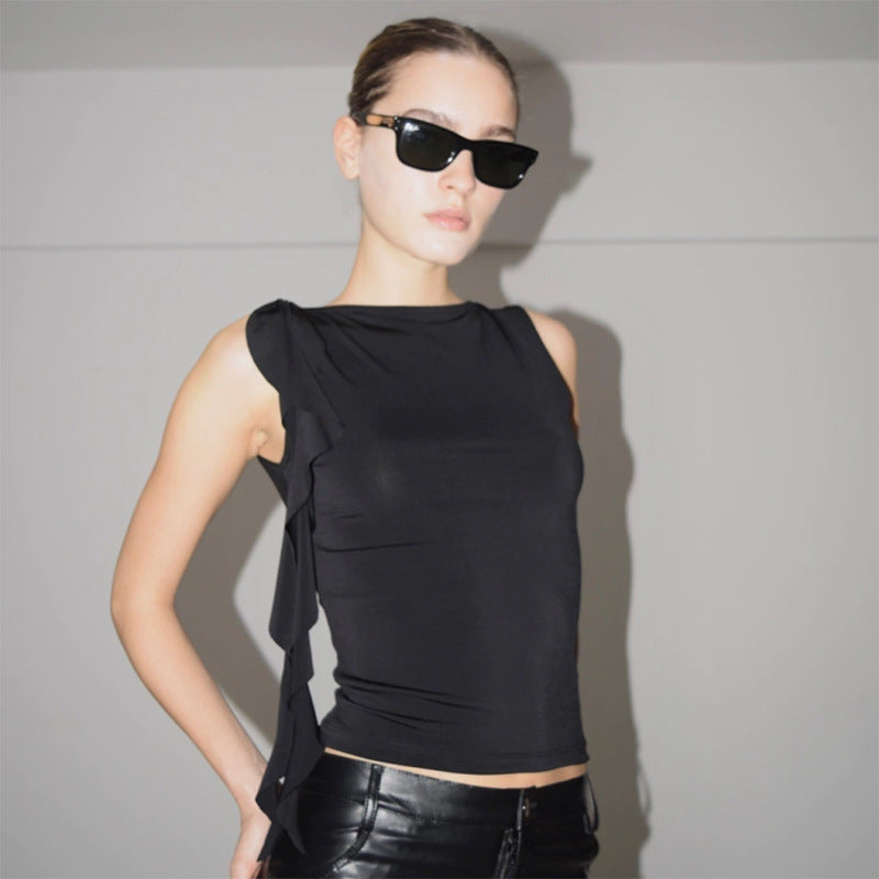 Women's Clothing Summer New Pure Color Sleeveless Ruffle Fringe Backless Top T-shirt