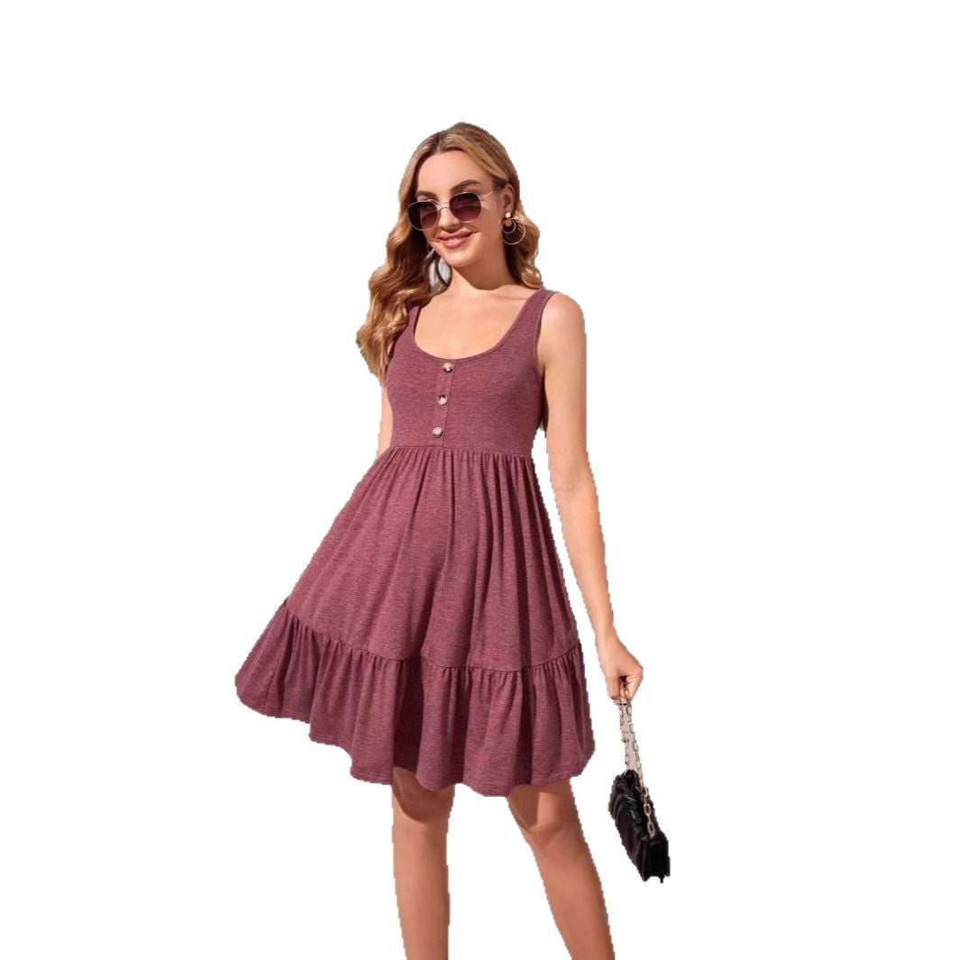 Maternity Dress with Ruffle Button Front, A-Line Silhouette, Sleeveless Design