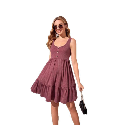 Maternity Dress with Ruffle Button Front, A-Line Silhouette, Sleeveless Design