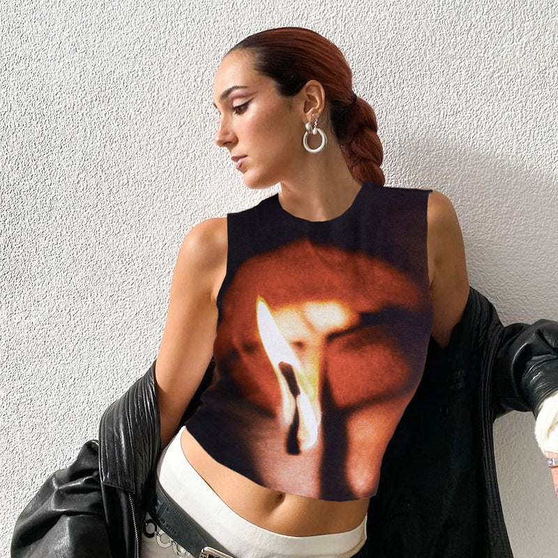 Women's Summer New Trendy Round Neck Sleeveless Crop Top Slim Printed Short Top for Women
