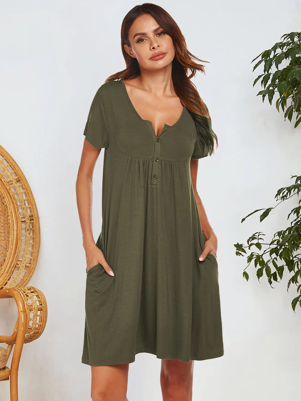 Spring and summer short sleeved pocket top button home clothes pajamas for women