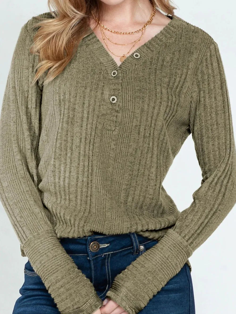 Solid color V-neck button loose long sleeved T-shirt top women's knitted sweater