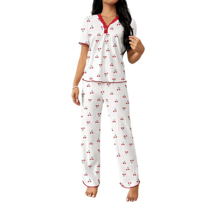 Spring and Autumn Hot selling Printed Short sleeved Pants Pajamas for Women Comfortable Wide Legs Can be Outdated Women's Home Clothes