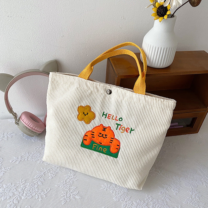 New Cute Tiger Year Embroidery Striped Velvet Handbag Casual All-Match Large Capacity Lunch Bag Fashion Walking Bend Mommy Bag