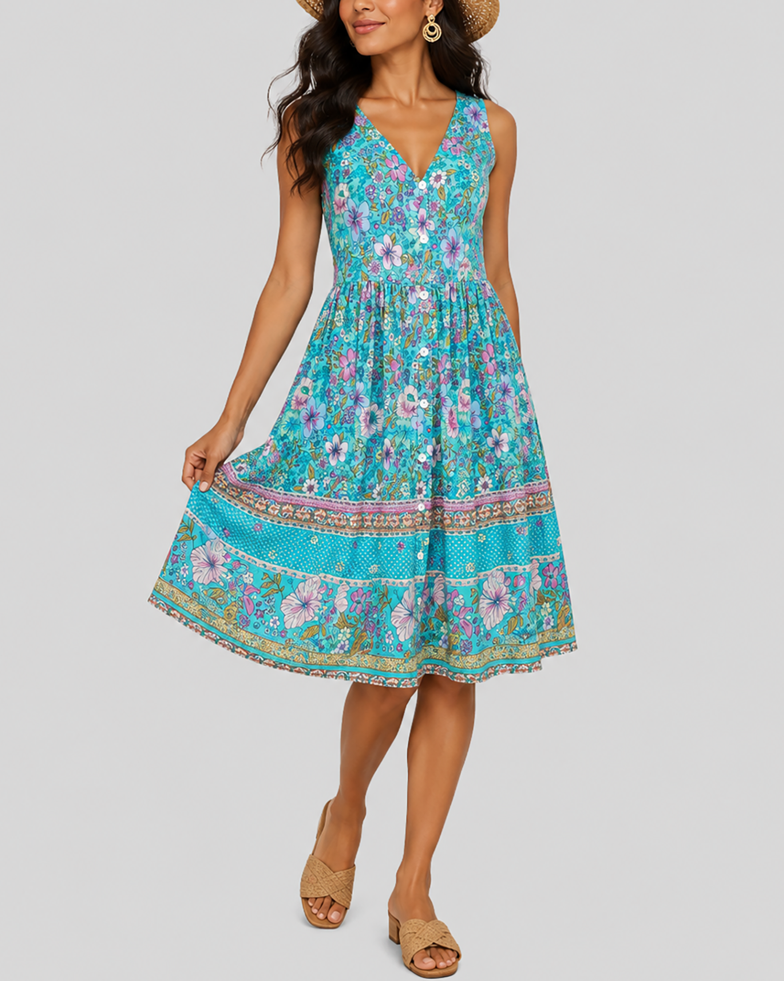 Vestido estampado escote pico sin mangas