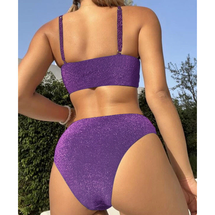 Swimsuit New Nylon Gold and Silver Line Split Bikini High Waist Swimwear