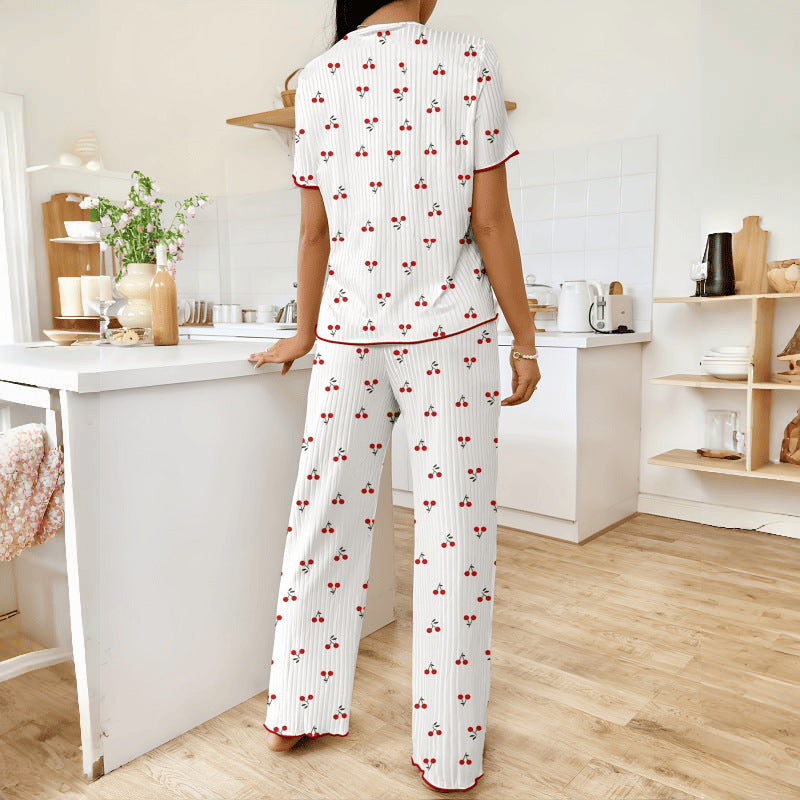 Spring and Autumn Hot selling Printed Short sleeved Pants Pajamas for Women Comfortable Wide Legs Can be Outdated Women's Home Clothes