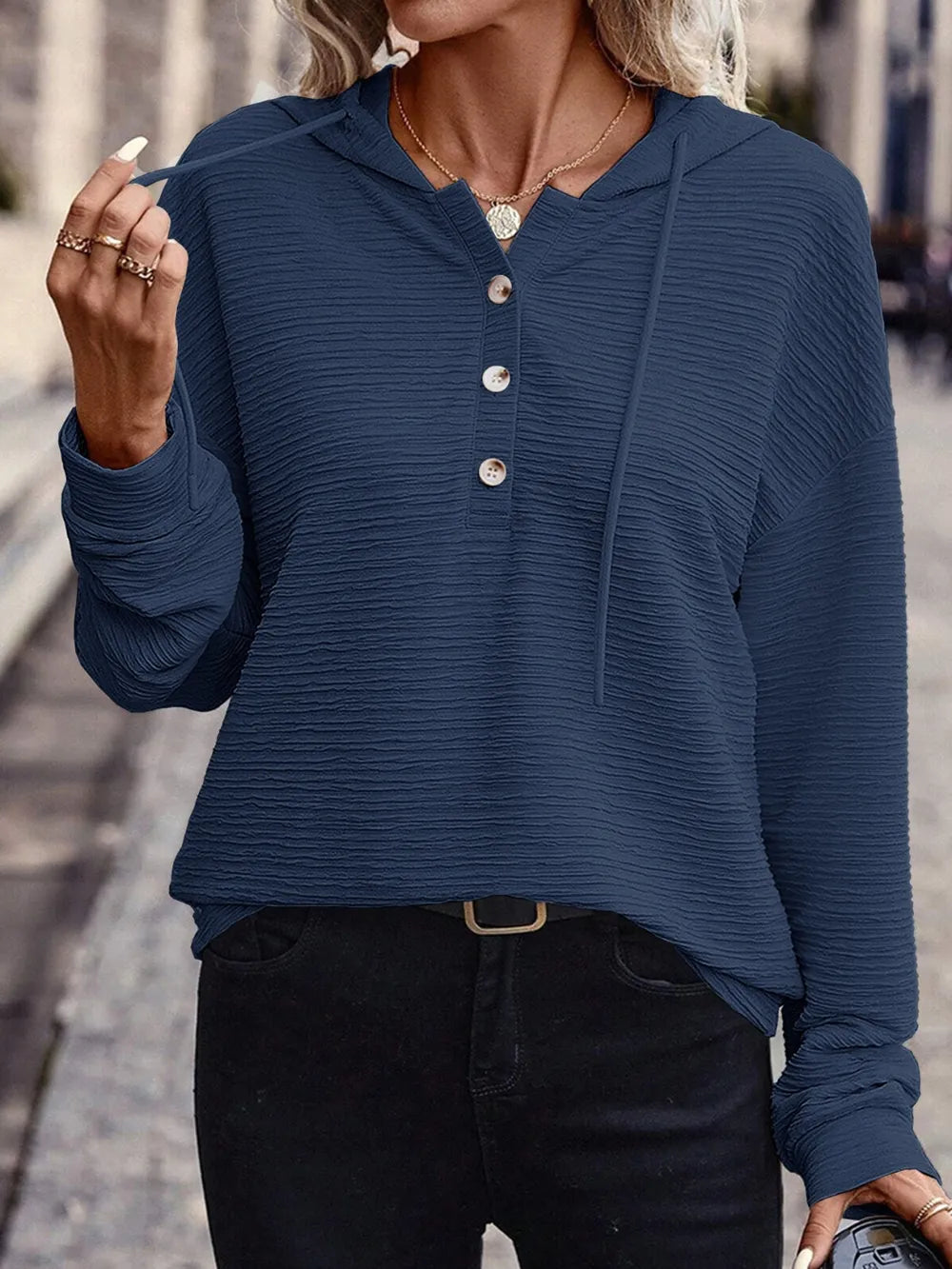 Solid color hooded sweatshirt jacket casual shoulder down long sleeved top