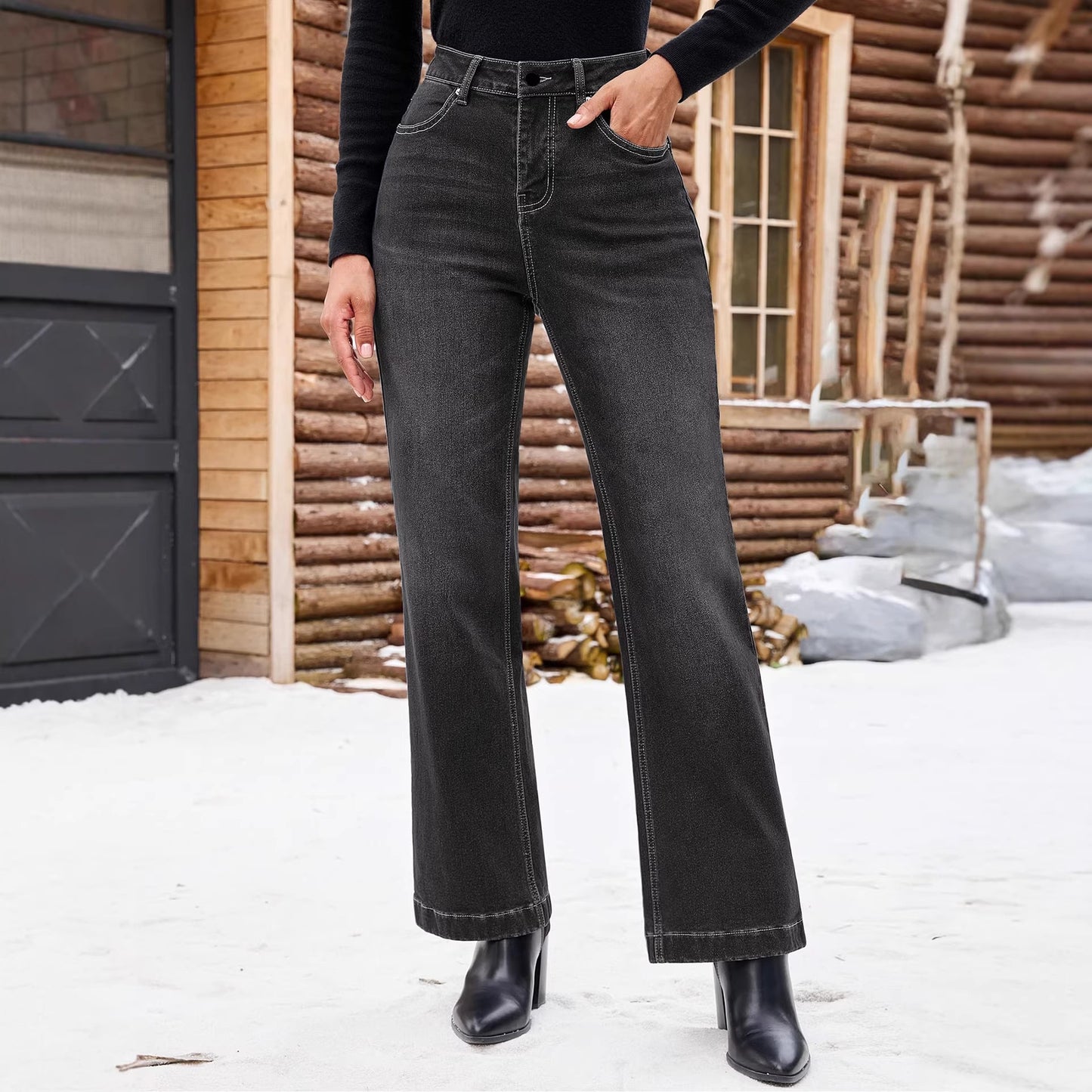 Women's Jeans, Black Gray Fashion Simple Slim Straight Leg Denim Pants for Women