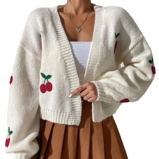 Cherry Embroidery Knit Cardigan for Women,Open Front Sweater