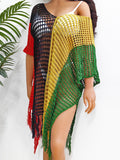Beach Vacation Bikini Color-Blocked Fringe Cover-Up