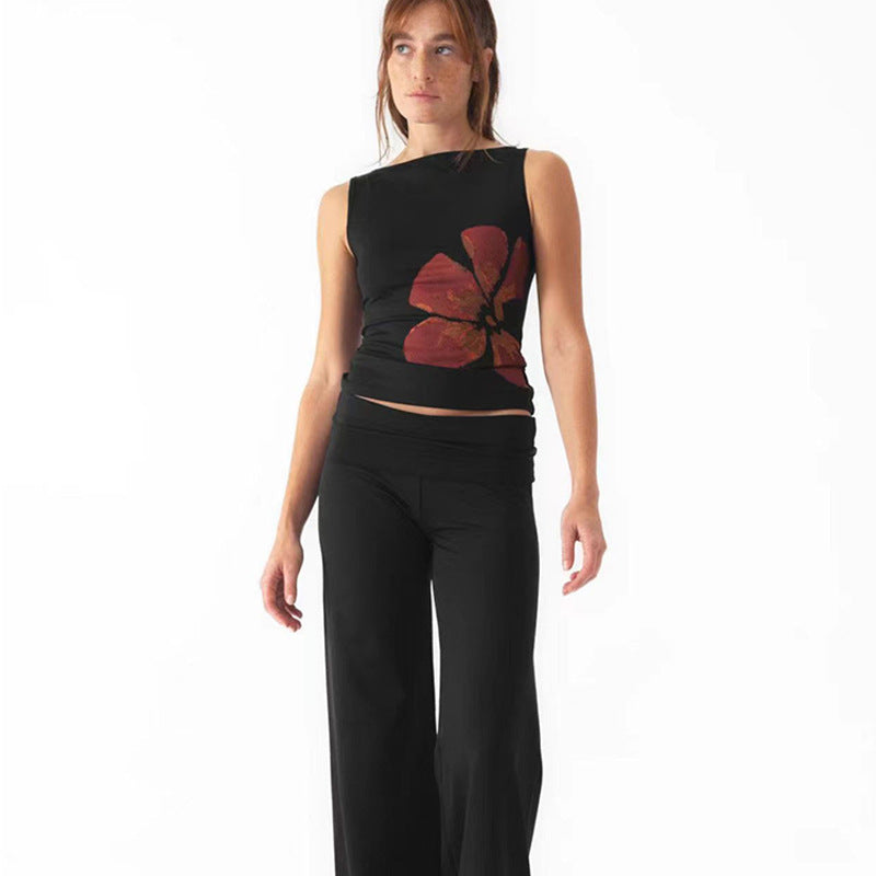 Spicy Girl Round Neck Simple Floral Print Sleeveless Vest Women's Slimming Fitted Pullover Top T-shirt