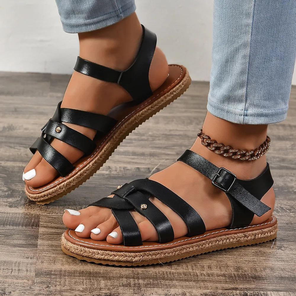 Roman style woven thick soled sandals for women with cross straps and beach sandals