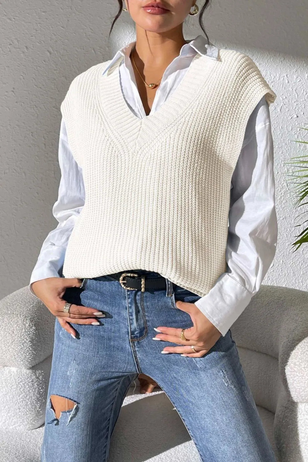 Women's Spring and Autumn New Style V-neck Simple Vest Woven Sweater Clip