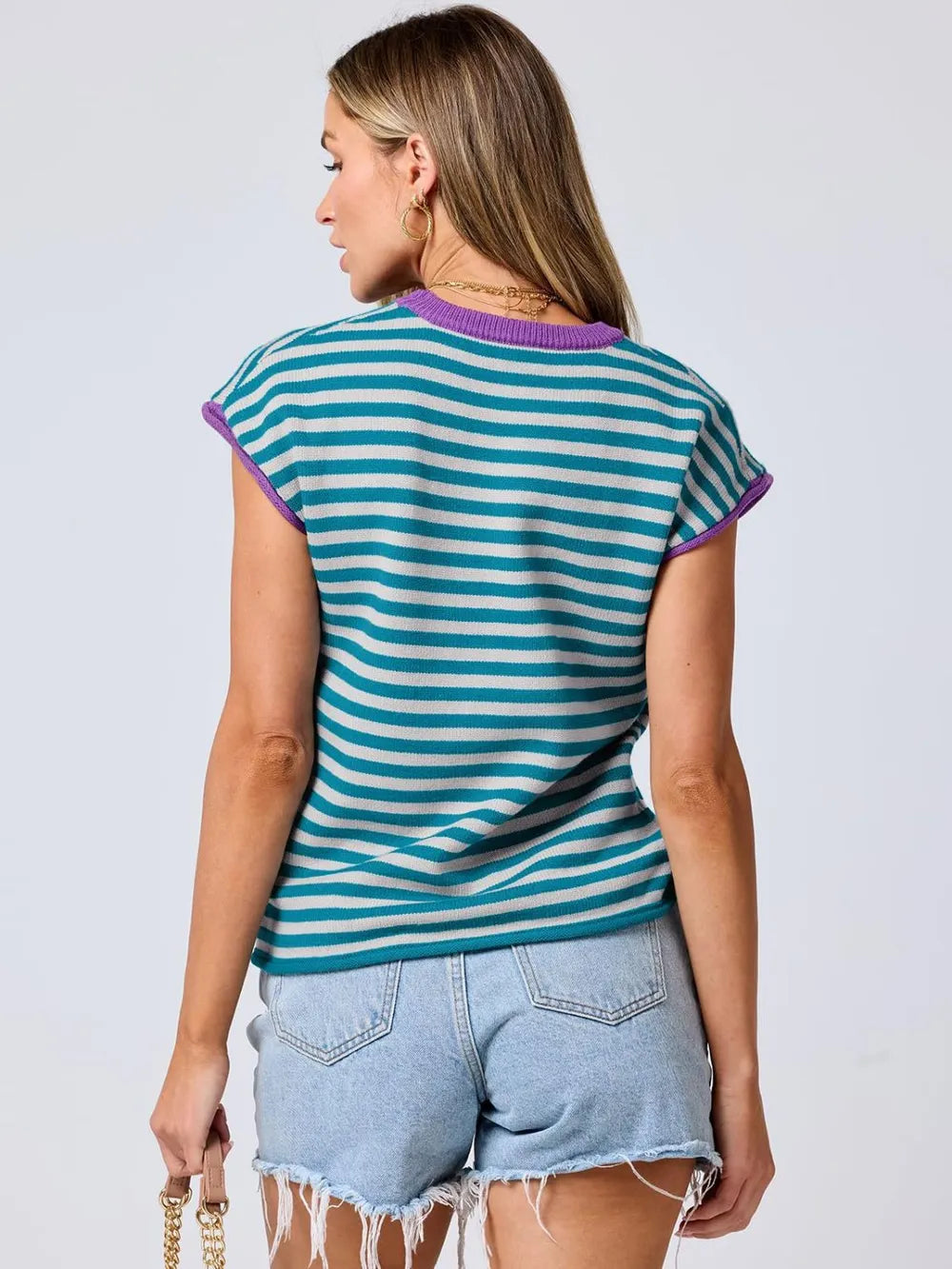 Round neck knitted top casual striped contrasting sweater
