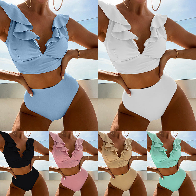 Ruffled Lace-Up Bikini Swimwear New Sexy Pleated Lace V-Neck High Waist Split Swimsuit For Women