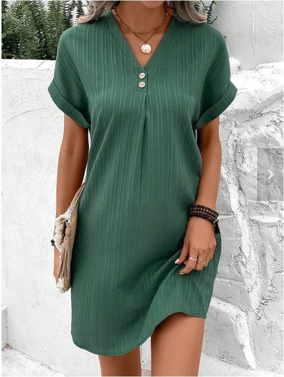 Style Solid Color Long Sleeve Buttoned A-line Casual Dress