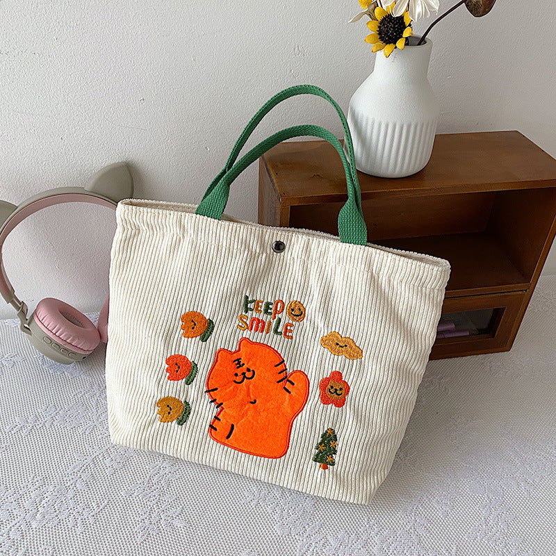 New Cute Tiger Year Embroidery Striped Velvet Handbag Casual All-Match Large Capacity Lunch Bag Fashion Walking Bend Mommy Bag