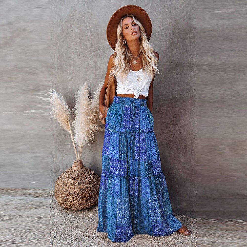 New Bohemian Skirts Casual High Waist Printing Maxi Skirts Ruffled Chic Style Holiday Skirts A-line Long Pleated Skirt