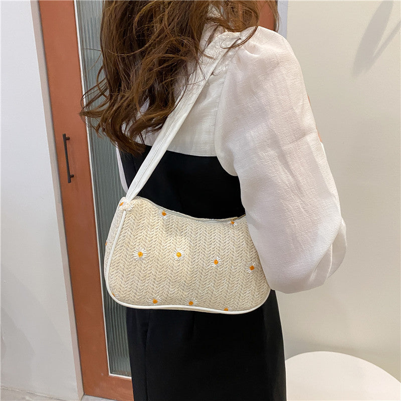 Popular Summer Straw Woven Bag Women's Western Style Lace Flower Woven Bag Simple Ladies Shoulder Underarm Bag
