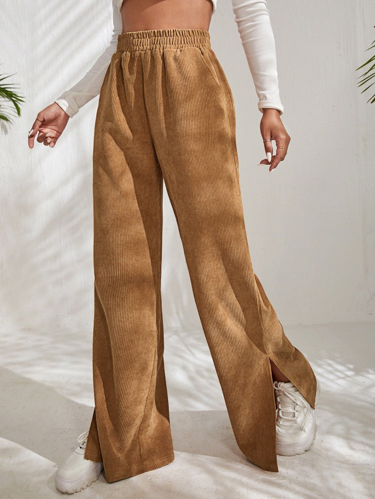 New Women's High Waist Casual Pants in Autumn and Winter Solid Corduroy Splice Slit Bottom Pants