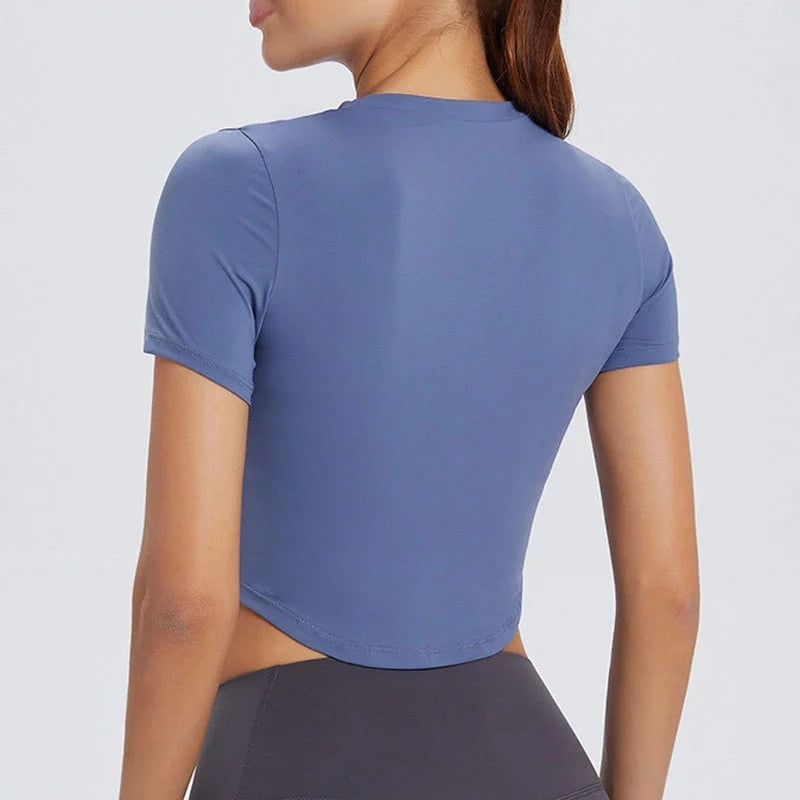 Yoga T-shirt Women Short Sleeve Round Neck Slim Running Blouse Elastic Gym Fitness  activewear tops