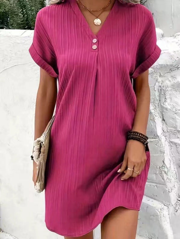 Style Solid Color Long Sleeve Buttoned A-line Casual Dress
